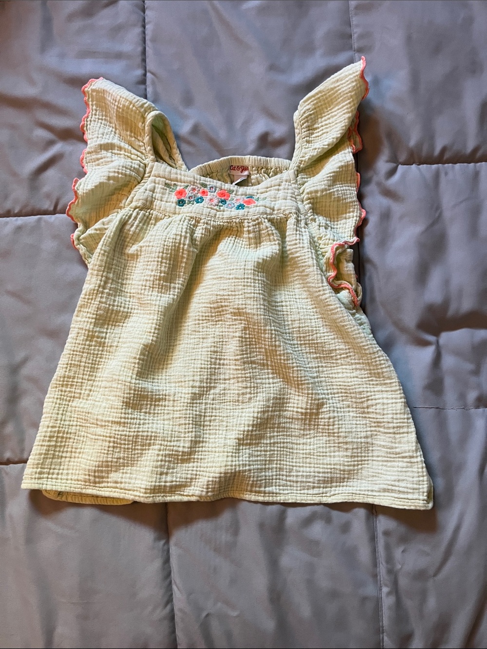 Cat & Jack Light Yellow Baby Dress with Coral and Teal Floral Embroidery